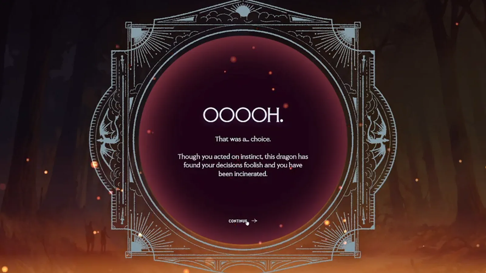The burn ending screen in the Dragonkind game after a failed dragon approach, reading That was a… choice
