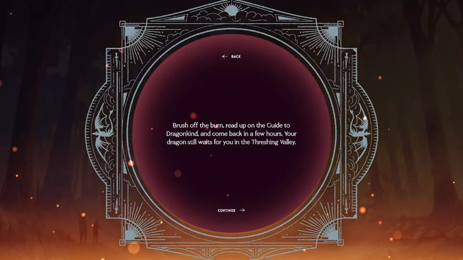 The Dragonkind cooldown message telling the player to come back in a few hours after burning in the Threshing